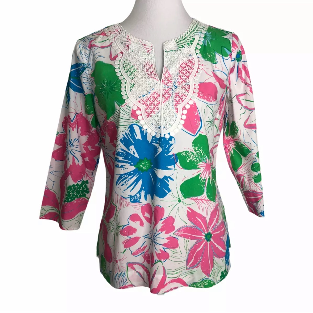 Talbots Lace Overlay Floral Top 3/4 Sleeve Sz. Mp